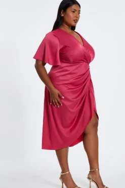 Quiz Curve Raspberry Satin Wrap Midi Dress Hot