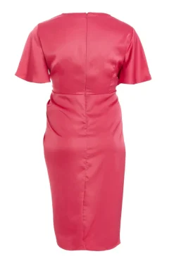 Quiz Curve Raspberry Satin Wrap Midi Dress Hot