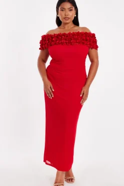 Quiz Curve Red Floral Bardot Midaxi Dress Outlet