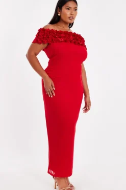 Quiz Curve Red Floral Bardot Midaxi Dress Outlet