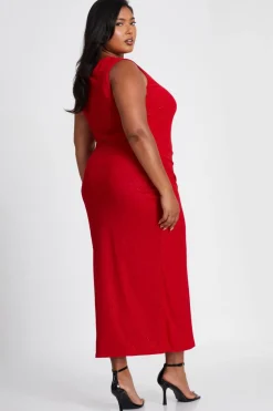 Quiz Curve Red Glitter Mesh Midaxi Dress Hot