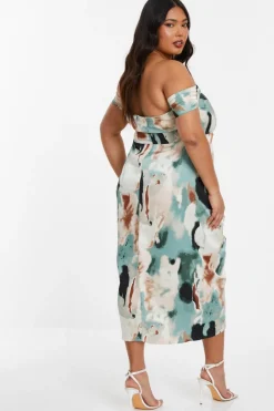 Quiz Curve Sage Marble Print Bardot Midi Dress Best