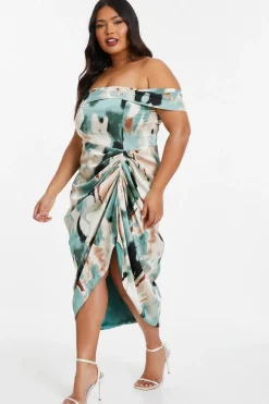 Quiz Curve Sage Marble Print Bardot Midi Dress Best
