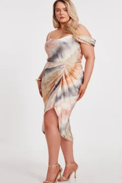 Quiz Curve Satin Marble Print Midi Dress New