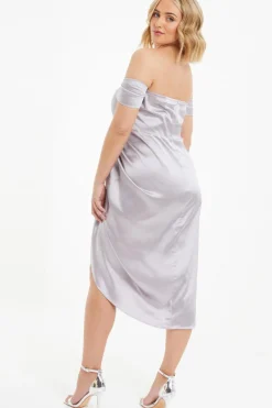 Quiz Curve Silver Satin Bardot Midi Dress Best
