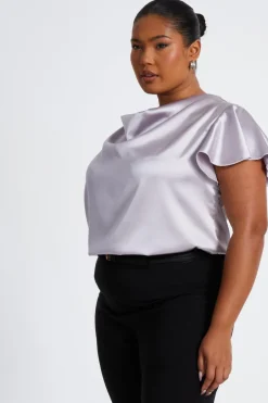 Quiz Curve Silver Satin Cowl Neck Top Outlet