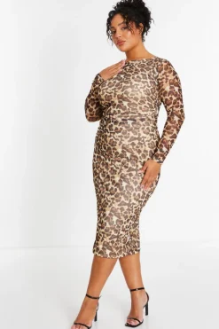 Quiz Curve Stone Leopard Print Mesh Midaxi Dress Online