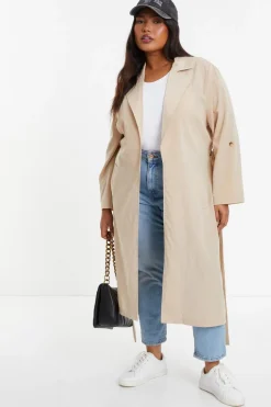 Quiz Curve Stone Linen Look Trench Jacket Outlet