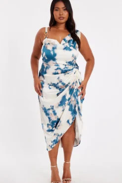Quiz Curve Teal Marble Print Midi Dress Outlet