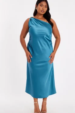 Quiz Curve Teal Satin One Shoulder Midaxi Dress Outlet