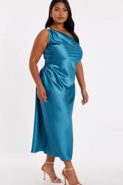 Quiz Curve Teal Satin One Shoulder Midaxi Dress Outlet