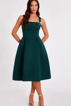 Quiz Diamante Bow Midi Dress Dark Green Clearance
