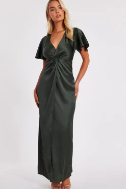 Quiz Satin Midaxi Dress Dark Green Online