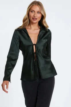 Quiz Dark Green Satin Tie Front Top Hot