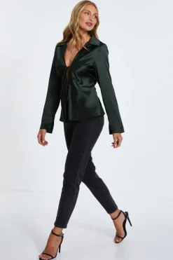 Quiz Dark Green Satin Tie Front Top Hot