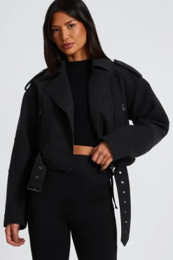 Quiz Dark Grey Cropped Biker Jacket Discount