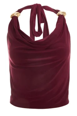 Quiz Dark Red Buckle Detail Crop Top Outlet