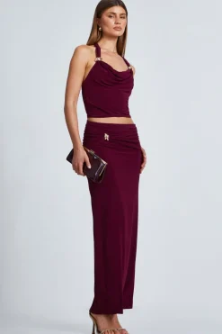 Quiz Dark Red Buckle Detail Maxi Skirt Berry
