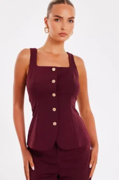 Quiz Dark Red Button Front Waistcoat Clearance