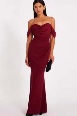 Quiz Dark Red Chiffon Bardot Maxi Dress Wine Outlet