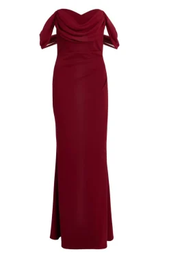 Quiz Dark Red Chiffon Bardot Maxi Dress Wine Outlet