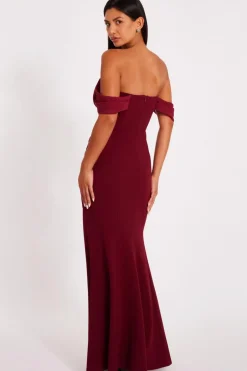 Quiz Dark Red Chiffon Bardot Maxi Dress Wine Outlet