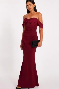 Quiz Dark Red Chiffon Bardot Maxi Dress Wine Outlet