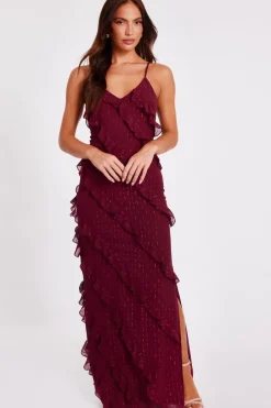 Quiz Dark Red Chiffon Ruffle Midaxi Dress Berry Clearance