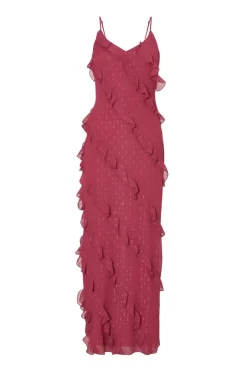 Quiz Dark Red Chiffon Ruffle Midaxi Dress Berry Clearance