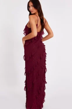 Quiz Dark Red Chiffon Ruffle Midaxi Dress Berry Clearance
