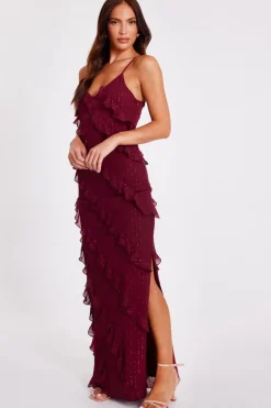 Quiz Dark Red Chiffon Ruffle Midaxi Dress Berry Clearance