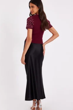 Quiz Dark Red Embellished Knit Crop Top Burgundy New