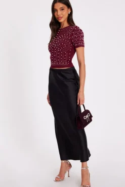 Quiz Dark Red Embellished Knit Crop Top Burgundy New