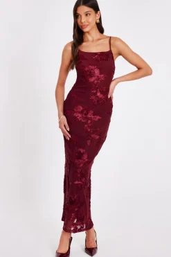 Quiz Dark Red Floral Applique Midaxi Dress Wine Best