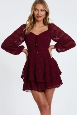 Quiz Dark Red Floral Jacquard Tiered Playsuit Burgundy Discount