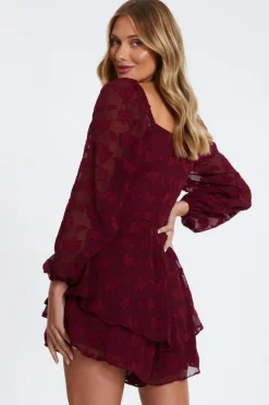 Quiz Dark Red Floral Jacquard Tiered Playsuit Burgundy Discount