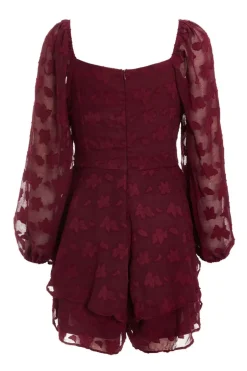 Quiz Dark Red Floral Jacquard Tiered Playsuit Burgundy Discount