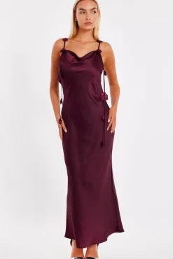 Quiz Dark Red Floral Trim Midaxi Dress Burgundy Online