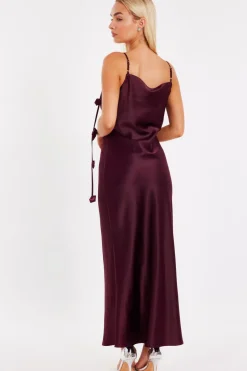 Quiz Dark Red Floral Trim Midaxi Dress Burgundy Online