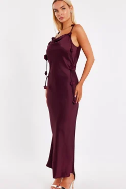 Quiz Dark Red Floral Trim Midaxi Dress Burgundy Online