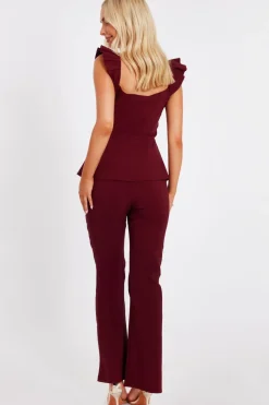 Quiz Dark Red Frill Sleeve Jumpsuit Berry