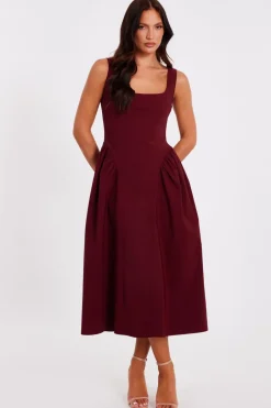 Quiz Dark Red Gathered Side Midi Dress