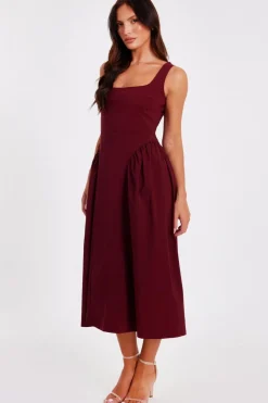 Quiz Dark Red Gathered Side Midi Dress