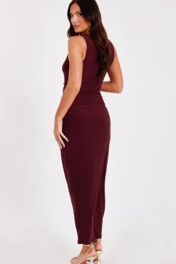 Quiz Dark Red Gold Buckle Midaxi Dress Wine Hot