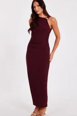 Quiz Dark Red Gold Buckle Midaxi Dress Wine Hot