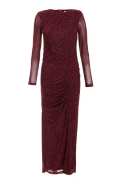 Quiz Dark Red Mesh Diamante Midaxi Dress Outlet