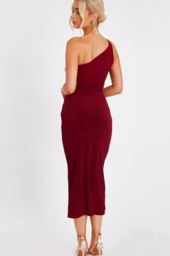 Quiz Dark Red One Shoulder Midaxi Dress Wine