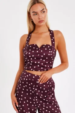 Quiz Dark Red Polka Dot Crop Top Online