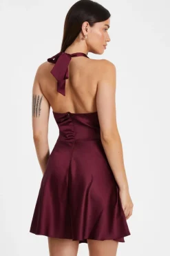 Quiz Dark Red Satin Mini Skater Dress Hot
