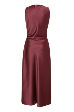 Quiz Dark Red Satin Ruched Midaxi Dress Berry Clearance